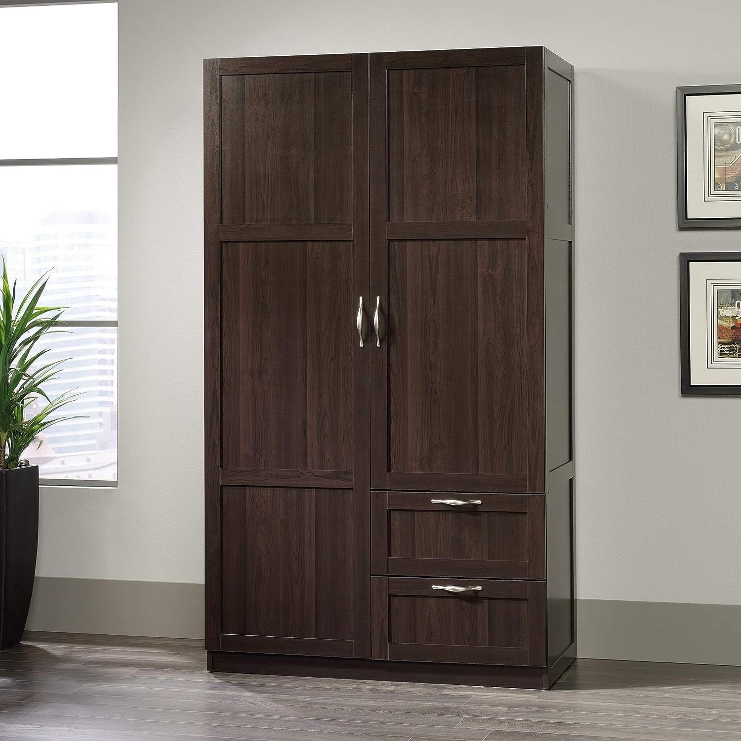 MDF Wooden Wardrobe with 2 drawers dark brown goodvalue