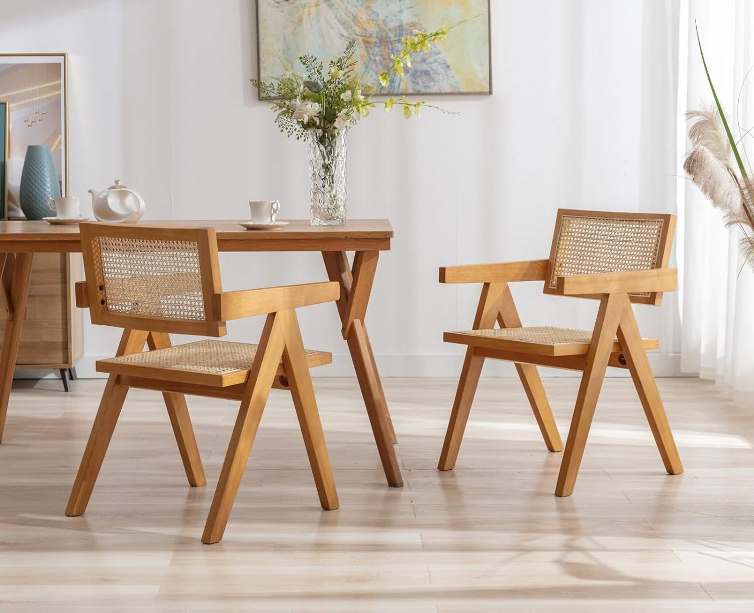 Dining Chairs Set of 2 Modern  Chairs with Rattan Backrest Kitchen Chairs with Solid Wood Frame for Living Room