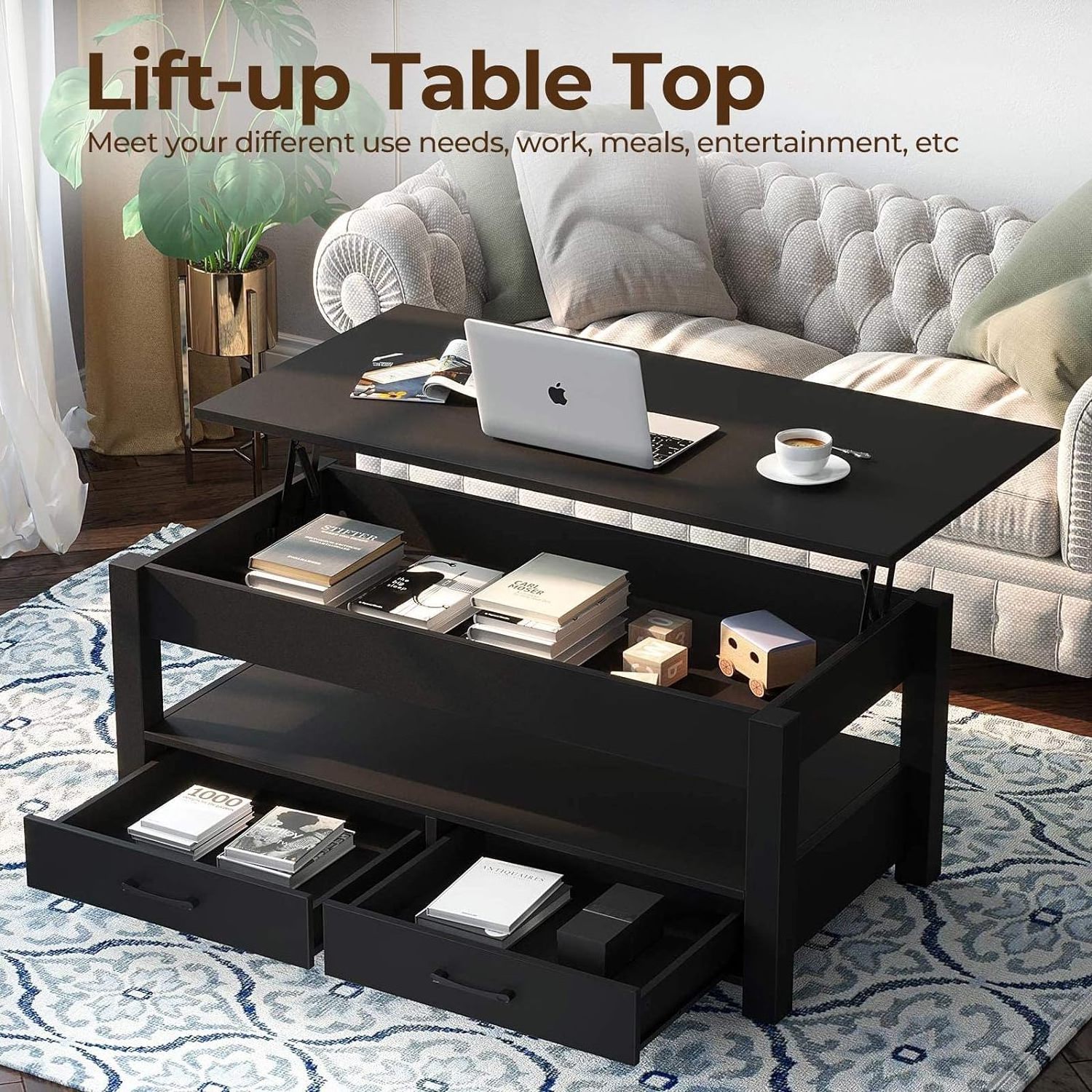 Coffee Table Lift Top with Drawers and Hidden Compartment Retro Central Table with Wooden Lift Tabletop