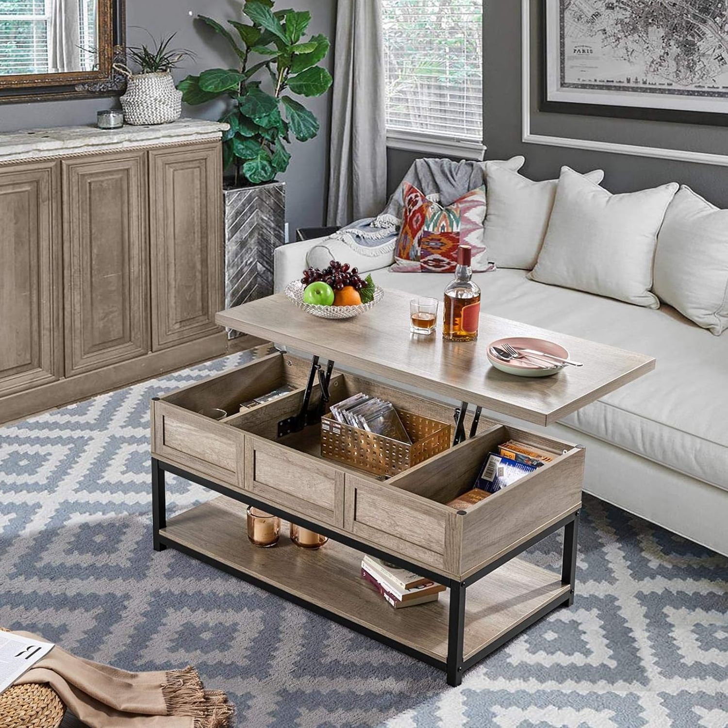 Lift Top Coffee Table with Hidden Compartments & Open Shelf Rising Center Table for Living Room Reception Gray