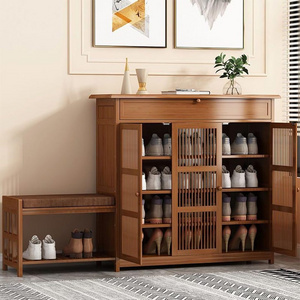 Wooden Shoe Storage Cabinets with Doors and Shoe Bench 4 Tier Shoe Cabinet with Seat for Corridor Hall Living Room