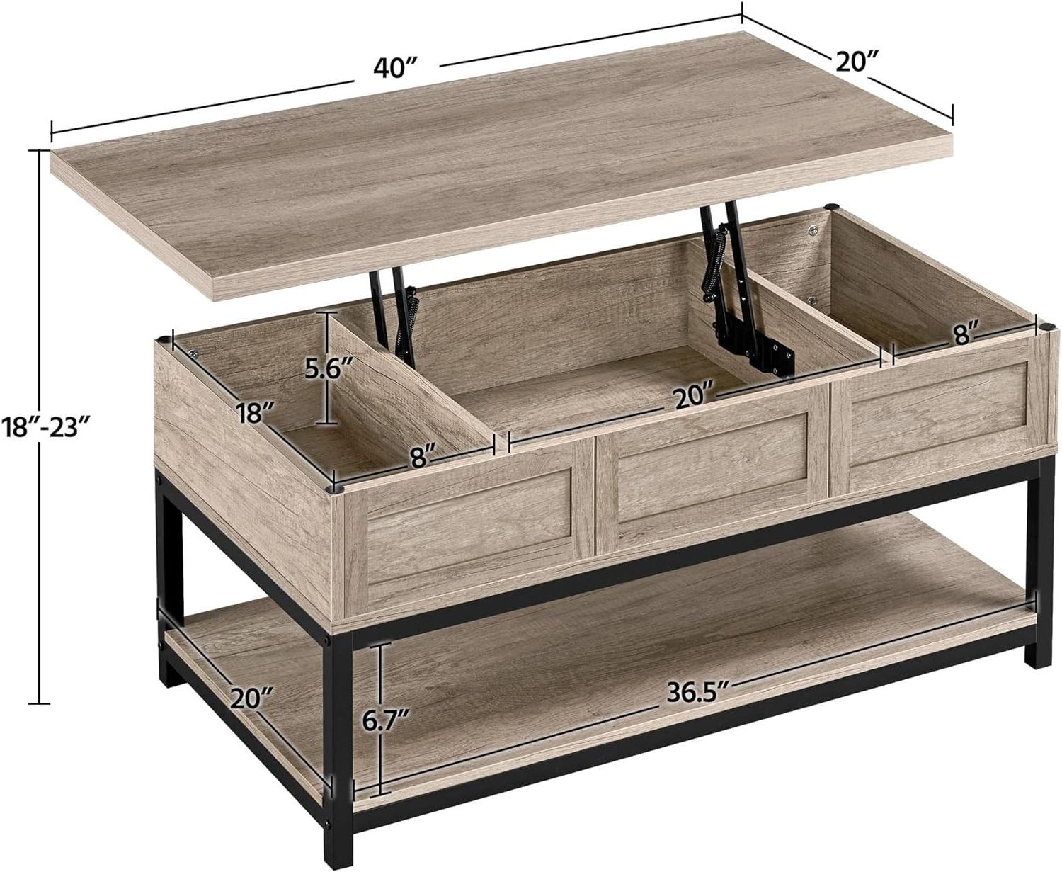 Lift Top Coffee Table with Hidden Compartments & Open Shelf Rising Center Table for Living Room Reception Gray