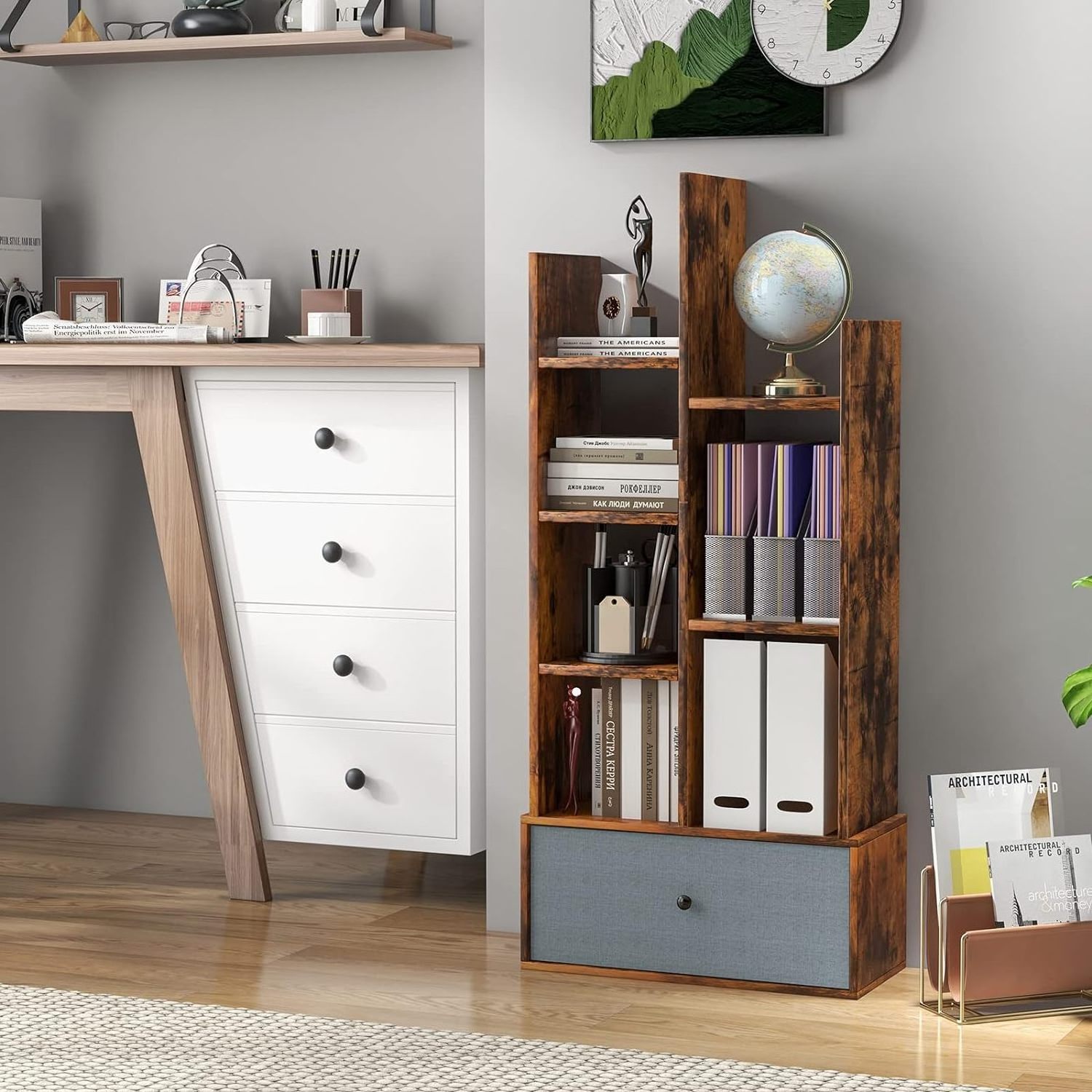 Wooden Bookcase Storage Shelving Unit with Folding Drawer, Freestanding Magazine Book Display Rack for Home Office Living Room