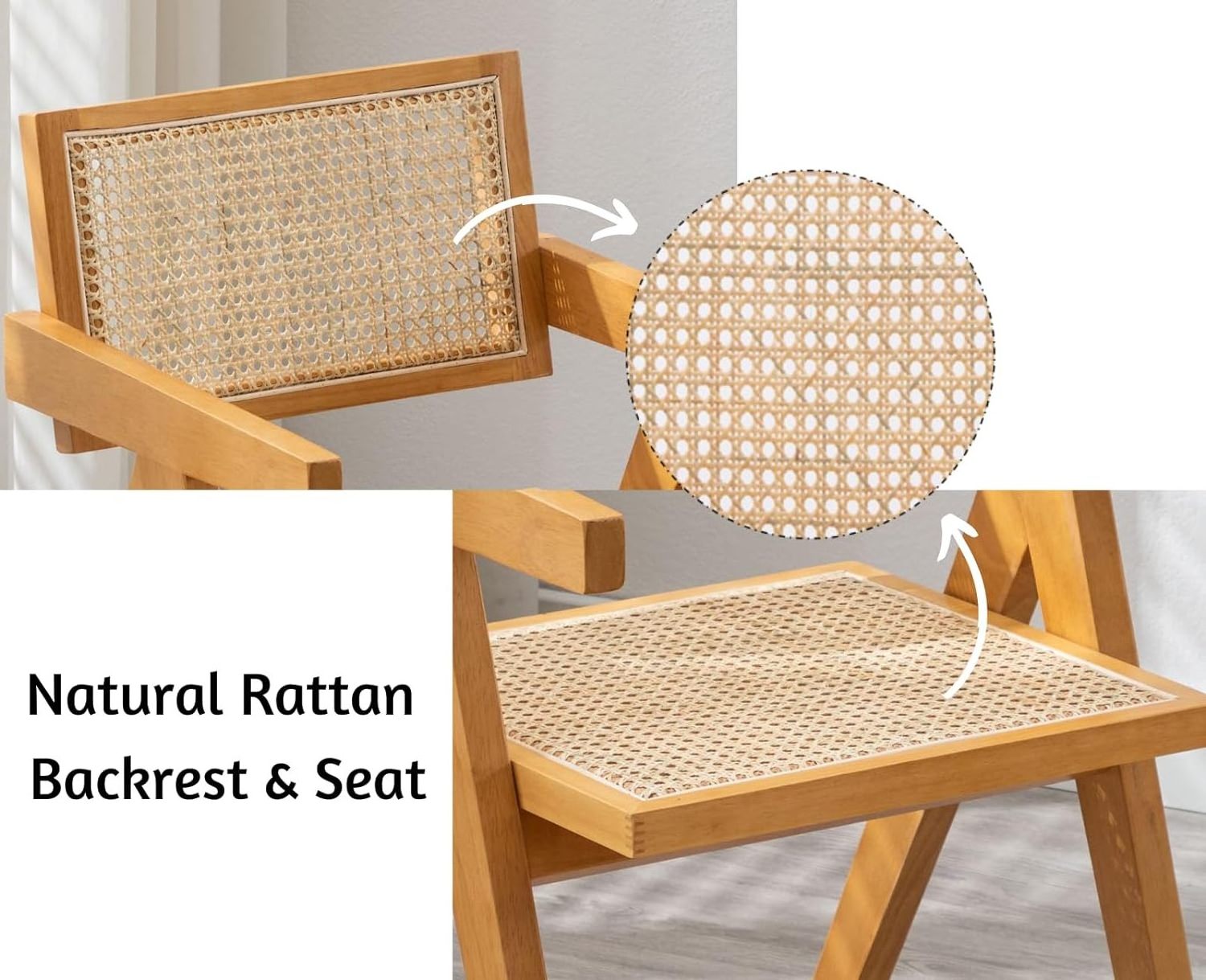 Dining Chairs Set of 2 Modern  Chairs with Rattan Backrest Kitchen Chairs with Solid Wood Frame for Living Room