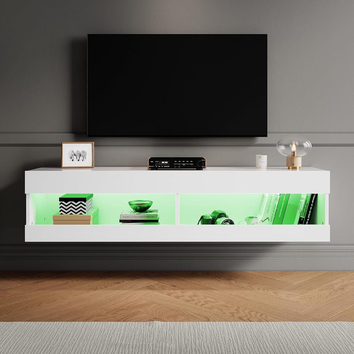 LED Colorful Floating TV Cabinet with Wall Mount, Storage Shelves, High Gloss Finish - Perfect for Living Room Entertainment