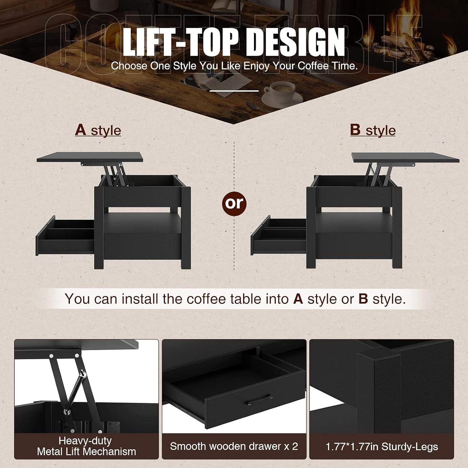 Coffee Table Lift Top with Drawers and Hidden Compartment Retro Central Table with Wooden Lift Tabletop