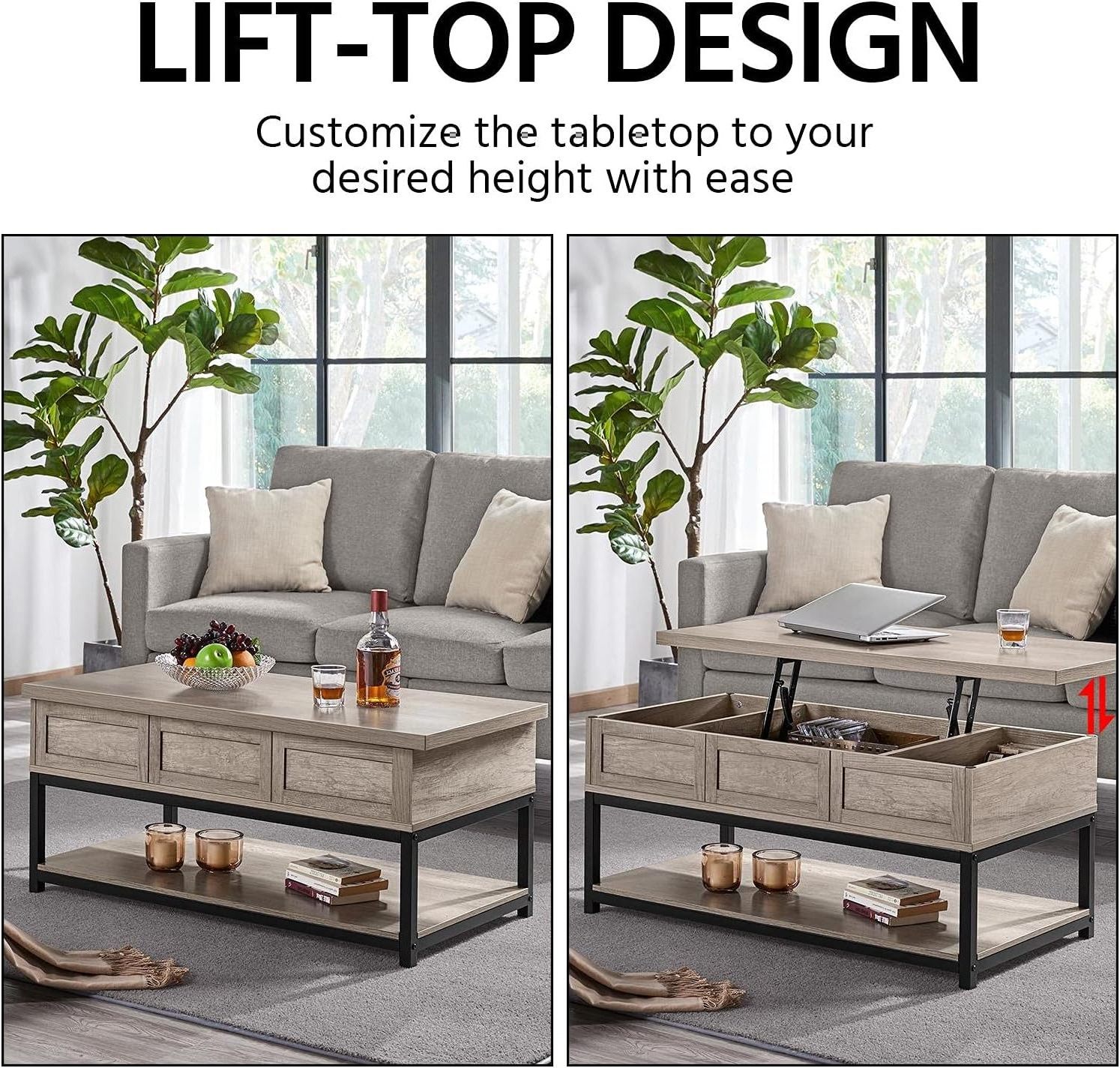 Lift Top Coffee Table with Hidden Compartments & Open Shelf Rising Center Table for Living Room Reception Gray