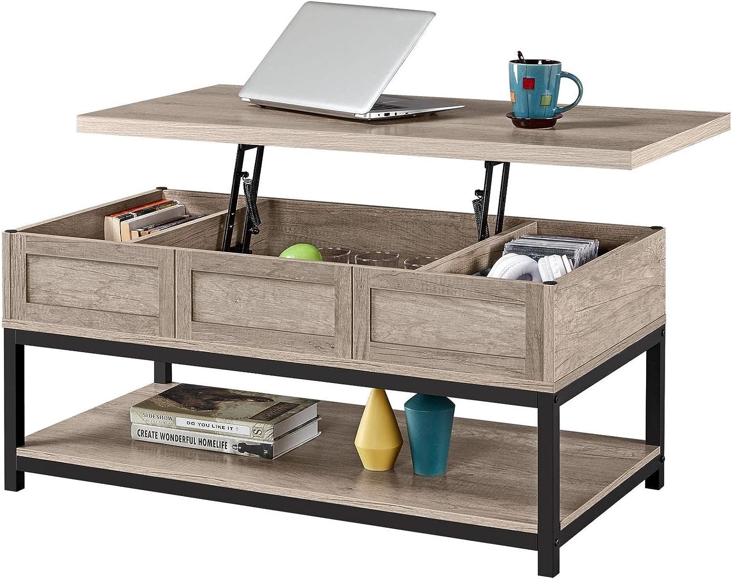 Lift Top Coffee Table with Hidden Compartments & Open Shelf Rising Center Table for Living Room Reception Gray