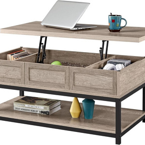 Lift Top Coffee Table with Hidden Compartments & Open Shelf Rising Center Table for Living Room Reception Gray