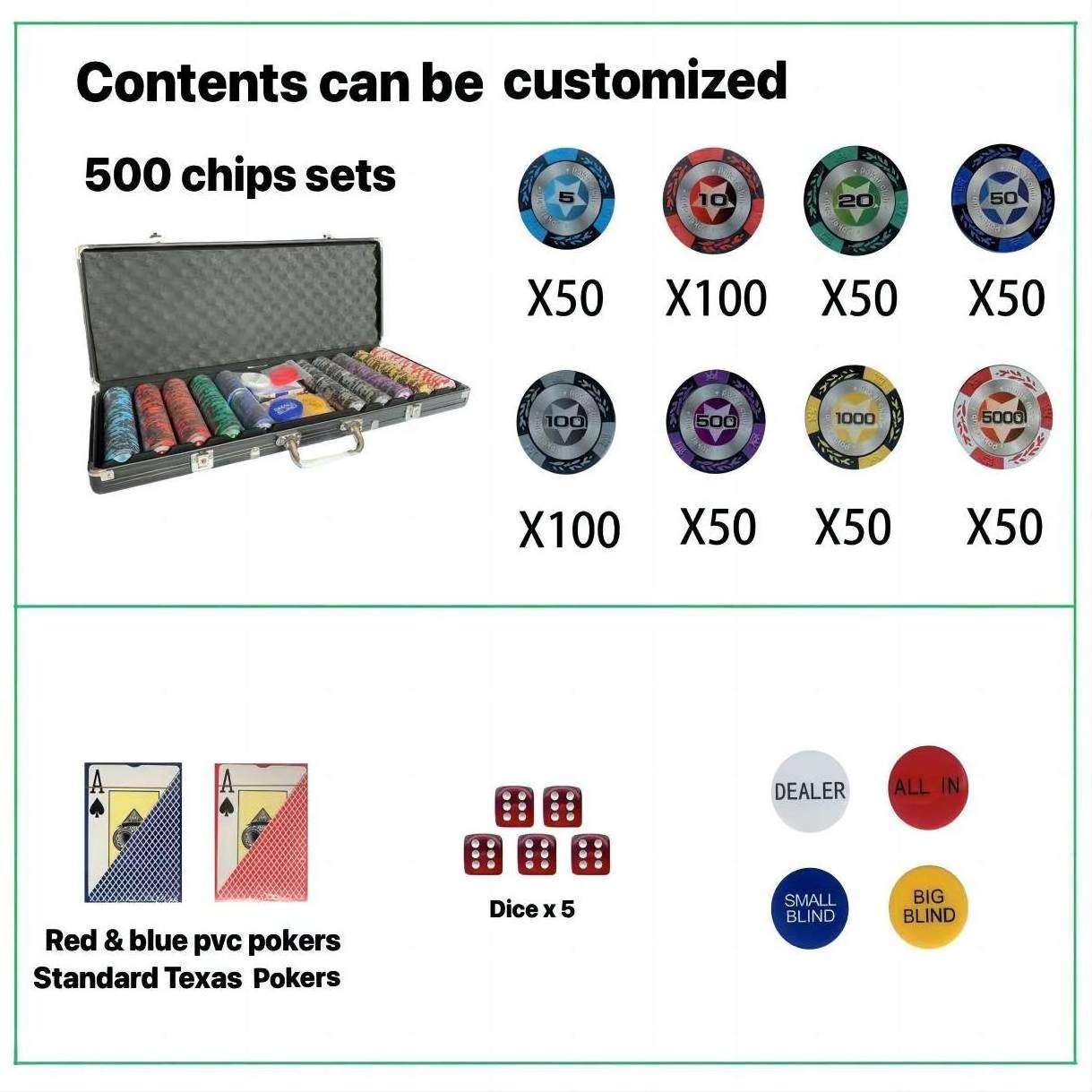 Custom Black Locking Case Professional 500 Piece Casino Metal Poker Chips Set Aluminum Case Dealer Buttons