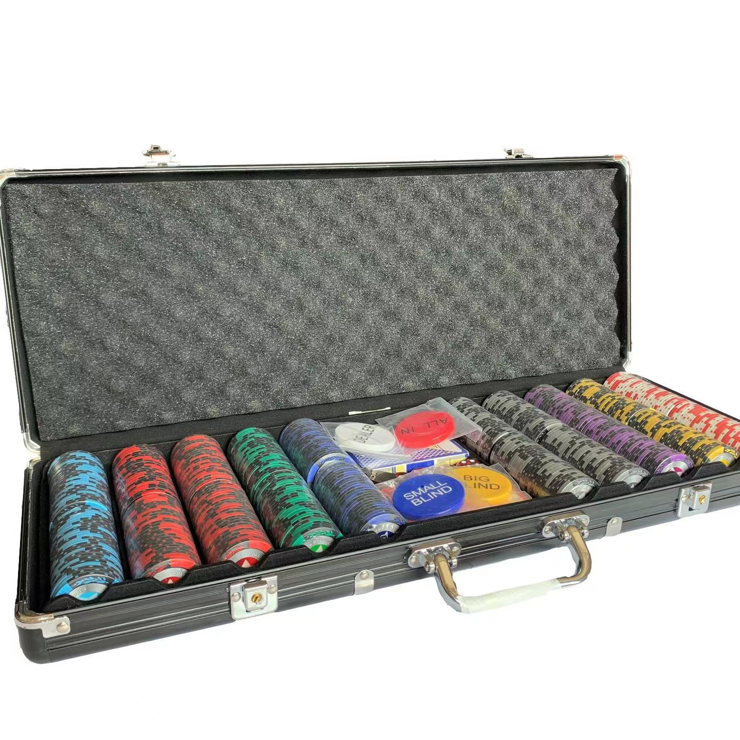 Custom Black Locking Case Professional 500 Piece Casino Metal Poker Chips Set Aluminum Case Dealer Buttons