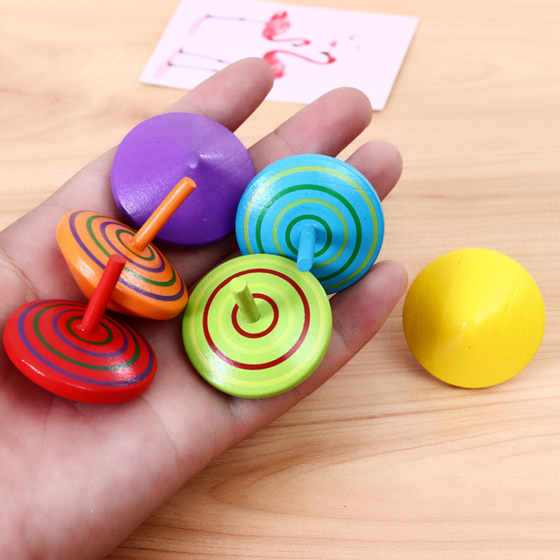 hot sale classic kids early education mini rainbow multicolored colorful fun game wooden spinning tops toy for children