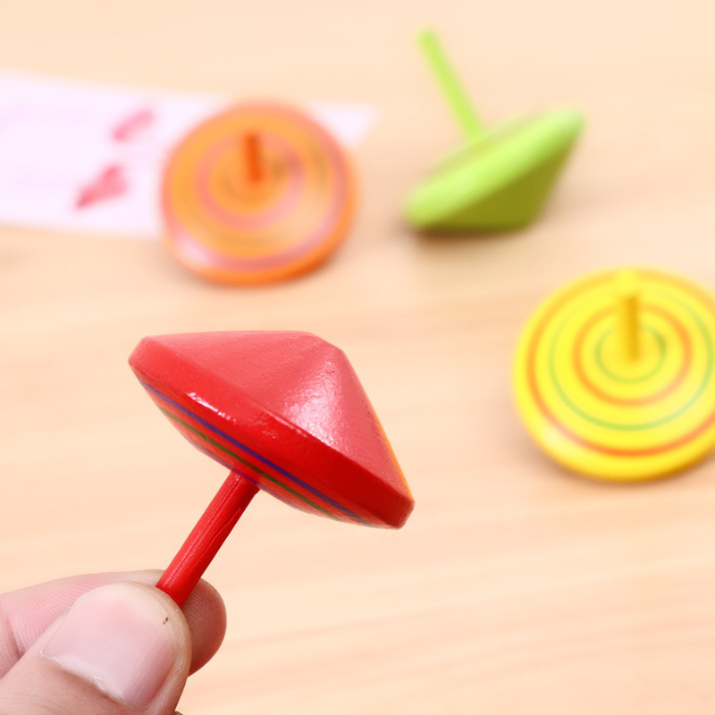 hot sale classic kids early education mini rainbow multicolored colorful fun game wooden spinning tops toy for children