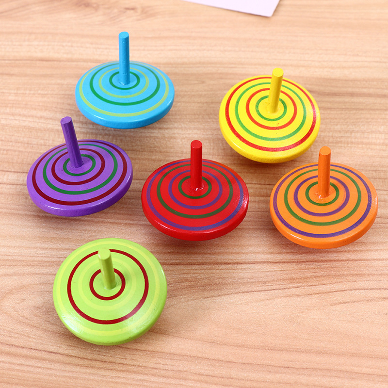 hot sale classic kids early education mini rainbow multicolored colorful fun game wooden spinning tops toy for children