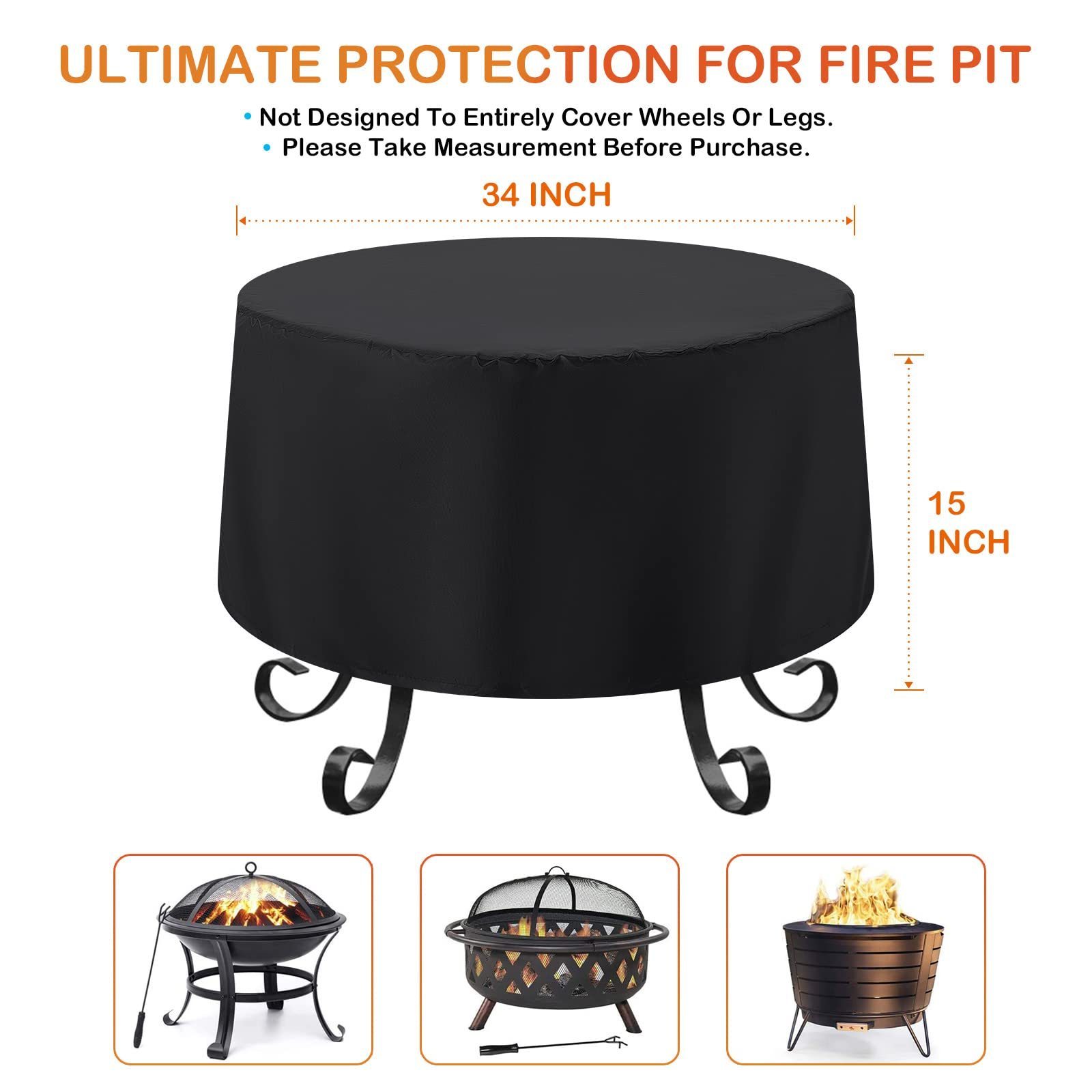 22- 34 Inch Tear Resistant Waterproof Outdoor Fire Pit Cover Dustproof Anti Uv Full Coverage Patio Round Fire Pits Cover