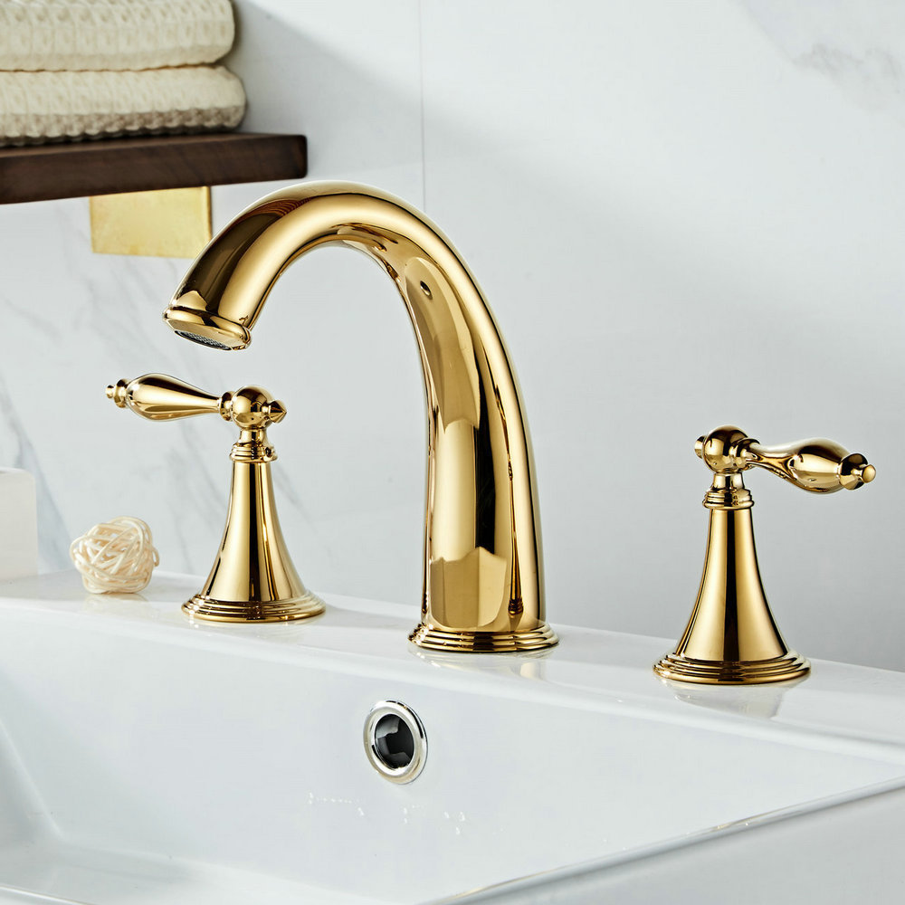 Beelee Bathroom Basin 3 Holes Faucet Brass Golden Widespread Gold Faucet