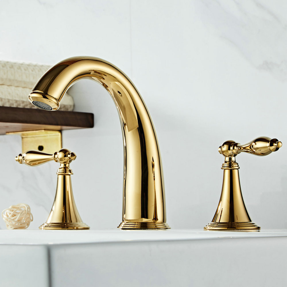 Beelee Bathroom Basin 3 Holes Faucet Brass Golden Widespread Gold Faucet