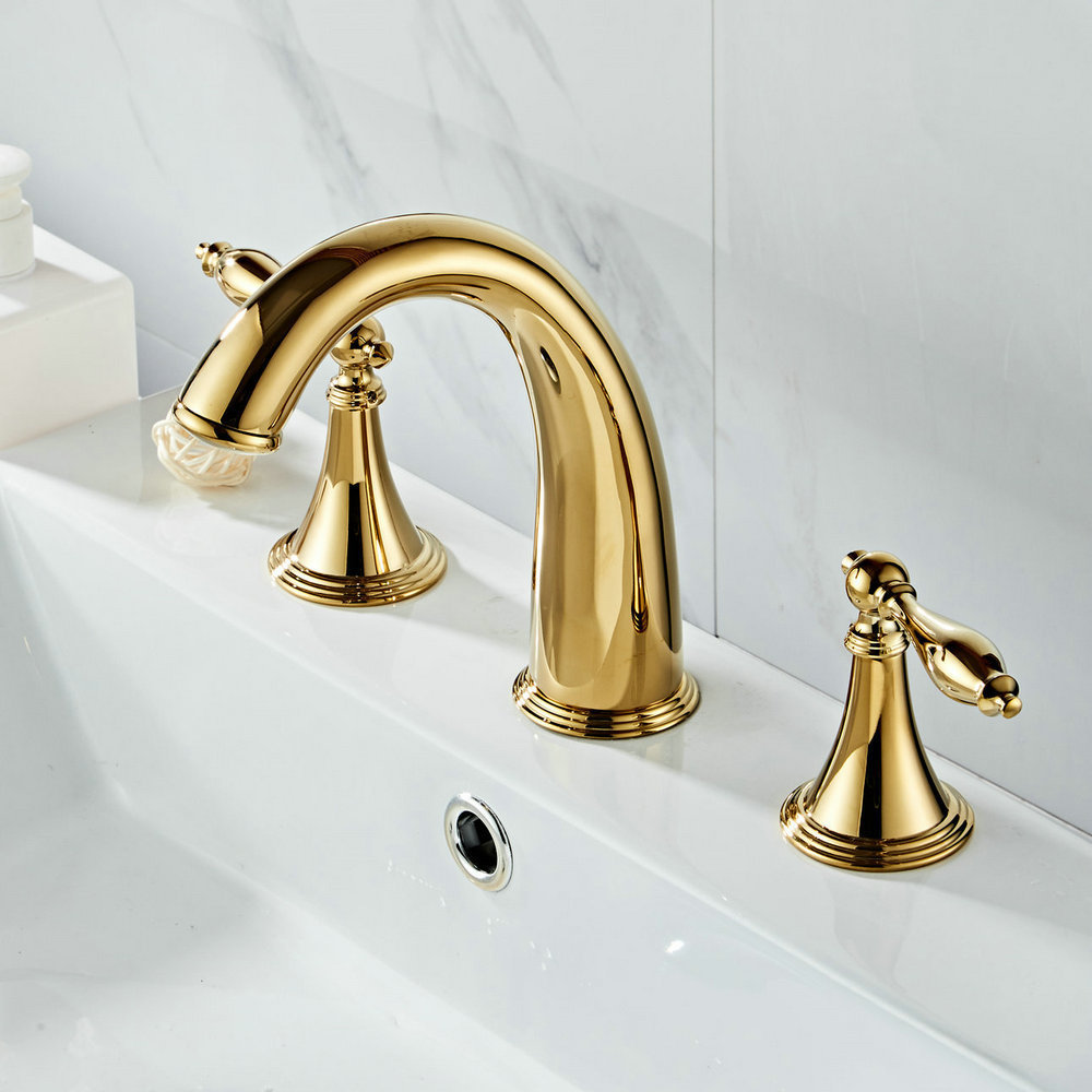 Beelee Bathroom Basin 3 Holes Faucet Brass Golden Widespread Gold Faucet