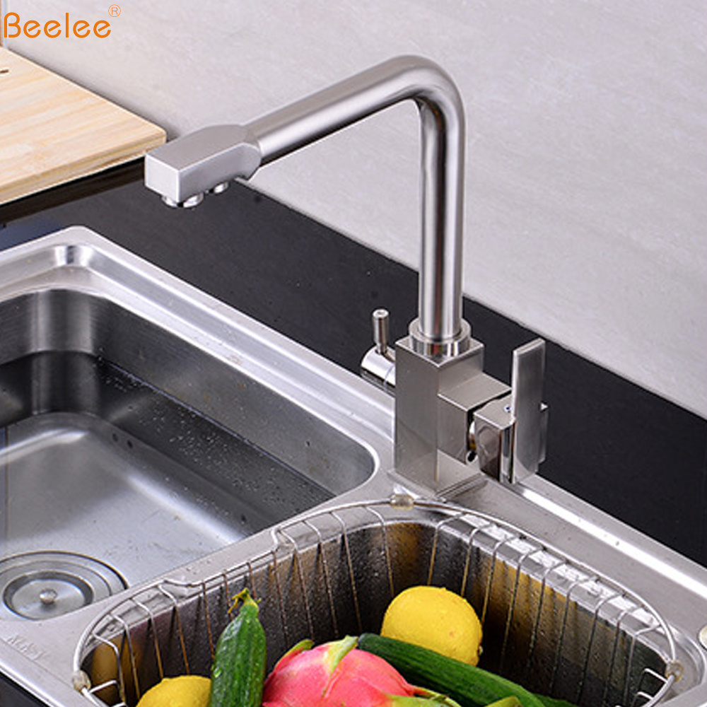 Beelee Brushed Nickle Three Way Water Filter Kitchen Mixer Tap Pure Water Kitchen Sink Faucet with purifier 3 way