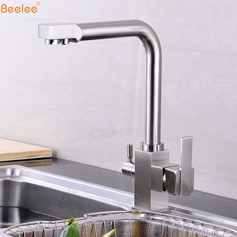 Beelee Brushed Nickle Three Way Water Filter Kitchen Mixer Tap Pure Water Kitchen Sink Faucet with purifier 3 way