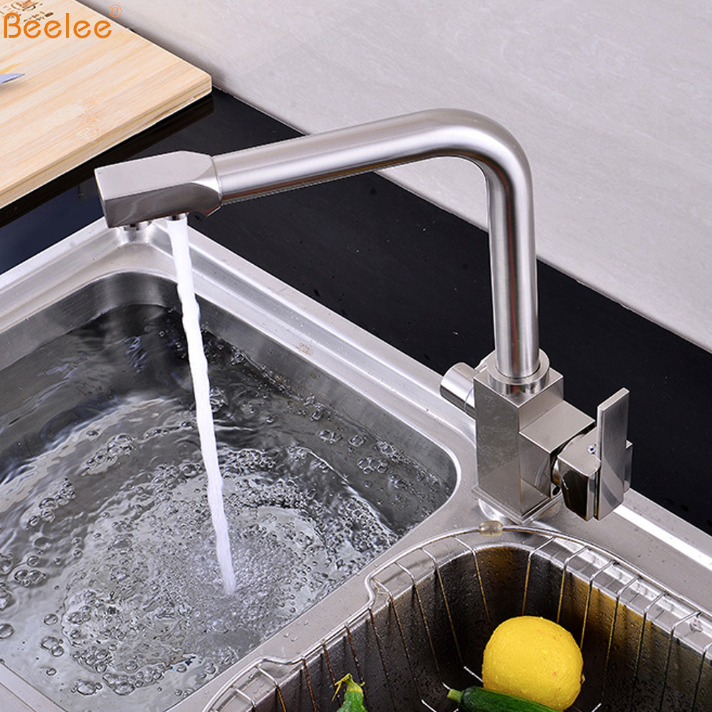 Beelee Brushed Nickle Three Way Water Filter Kitchen Mixer Tap Pure Water Kitchen Sink Faucet with purifier 3 way