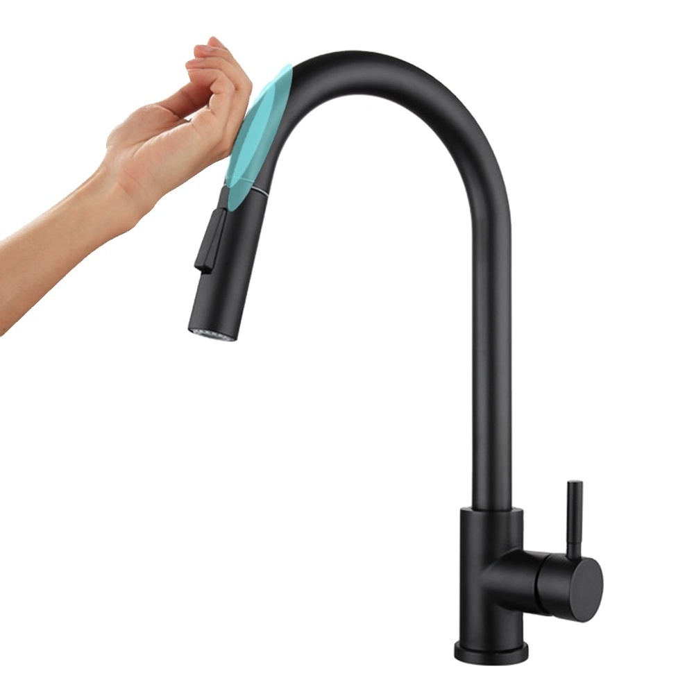 Beelee 304 Stainless Steel Single Lever Black Color Automatic Smart Touch Sensor Kitchen Faucets with Pull Out Sprayer