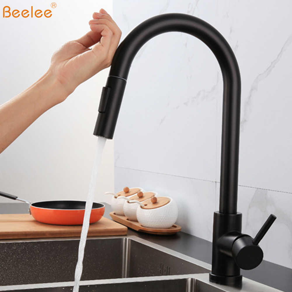 Beelee 304 Stainless Steel Single Lever Black Color Automatic Smart Touch Sensor Kitchen Faucets with Pull Out Sprayer