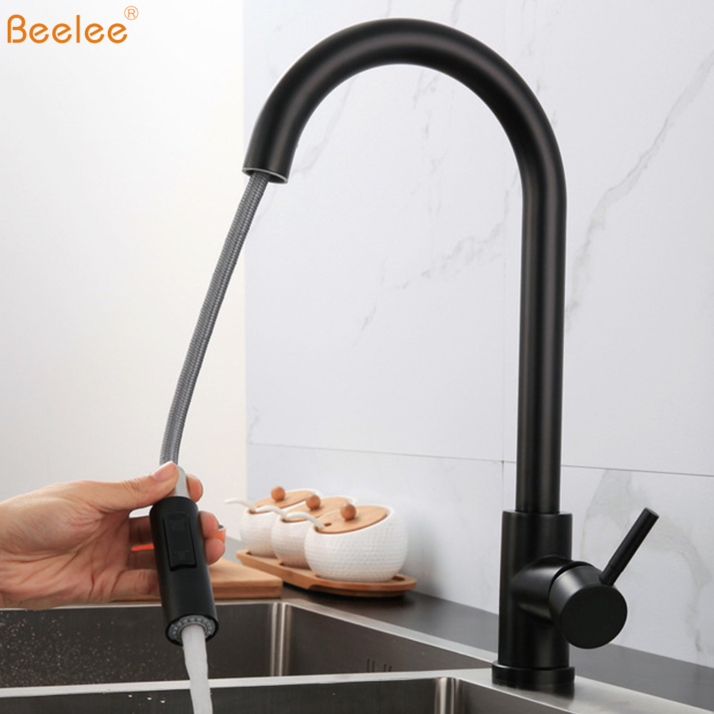 Beelee 304 Stainless Steel Single Lever Black Color Automatic Smart Touch Sensor Kitchen Faucets with Pull Out Sprayer