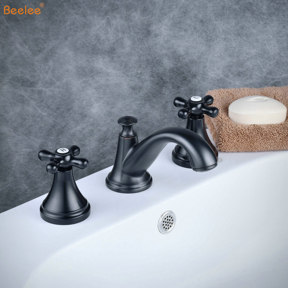 Beelee Widespread 3PCS Bathroom Sink faucet Matt black Brass Two Handle Waterfall Faucet Health Faucet