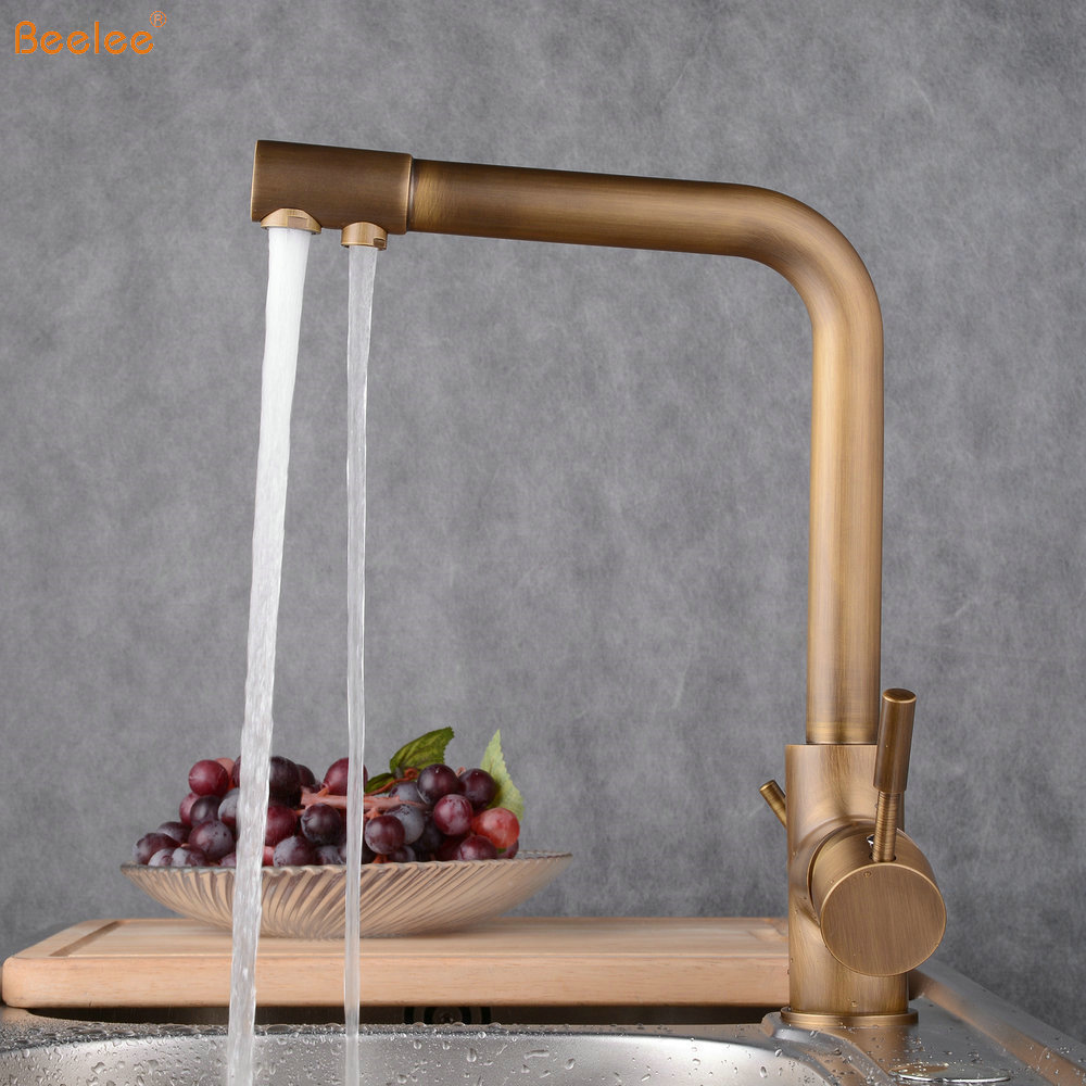 Beelee Antique Brass Kitchen Bar Sink Filtration Water Purifier Faucet 3 Way Deck Mounted Kitchen Faucets With Two Sprayer