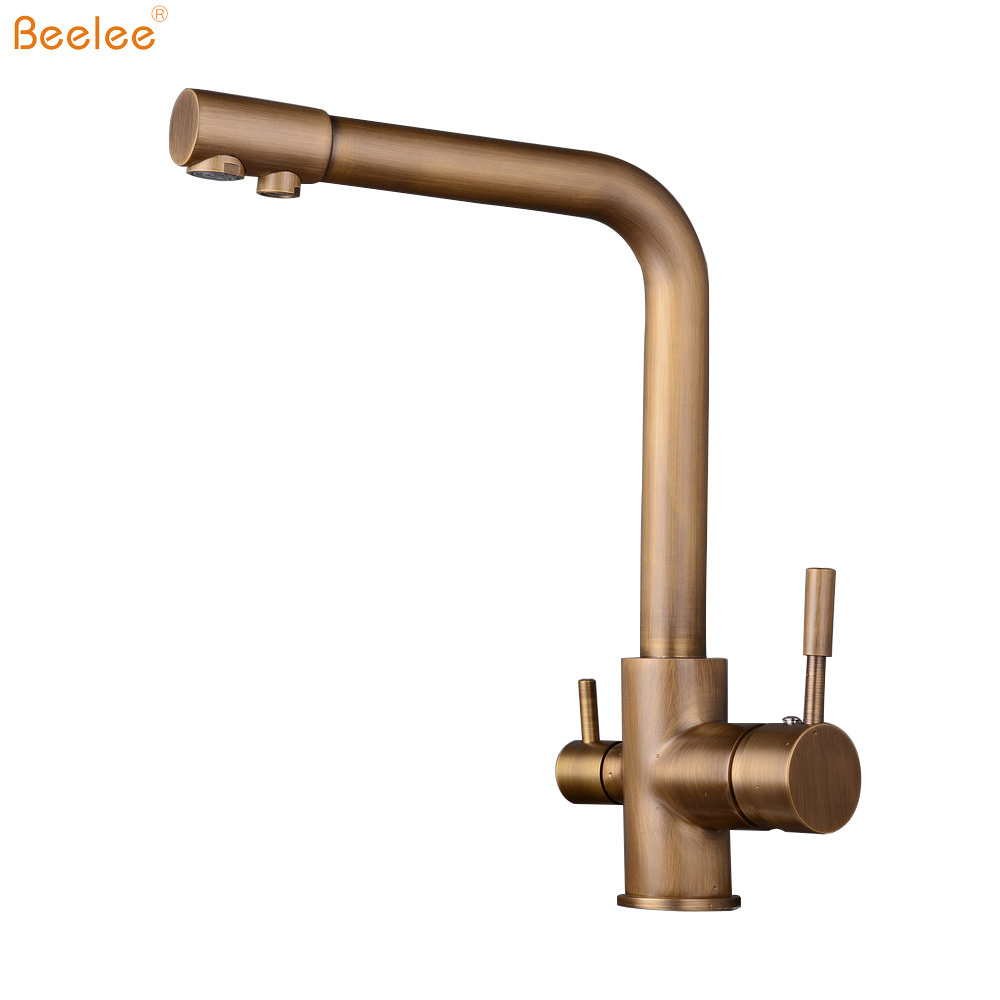 Beelee Antique Brass Kitchen Bar Sink Filtration Water Purifier Faucet 3 Way Deck Mounted Kitchen Faucets With Two Sprayer