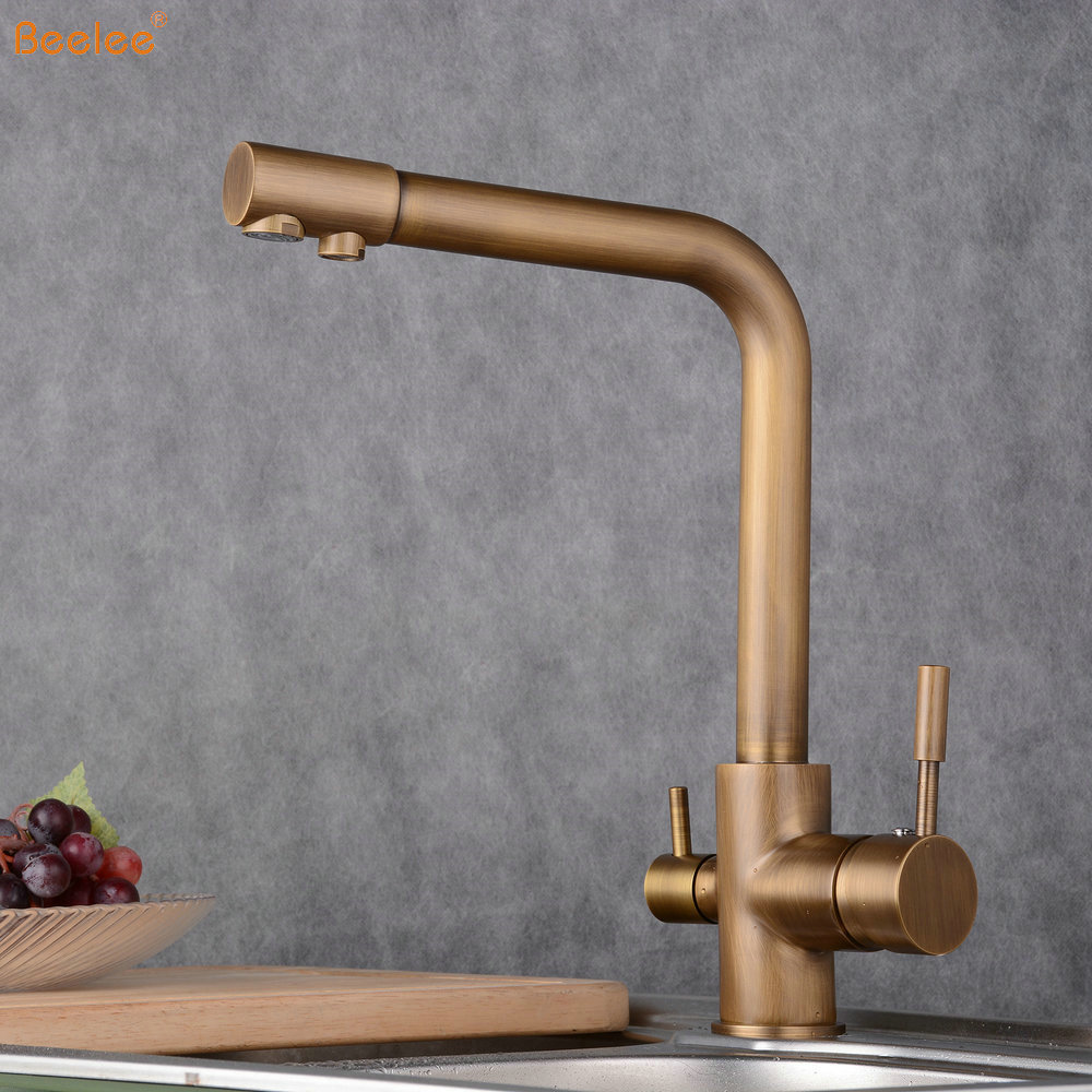 Beelee Antique Brass Kitchen Bar Sink Filtration Water Purifier Faucet 3 Way Deck Mounted Kitchen Faucets With Two Sprayer