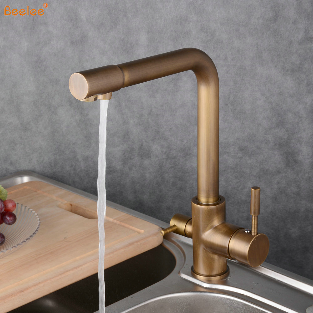 Beelee Antique Brass Kitchen Bar Sink Filtration Water Purifier Faucet 3 Way Deck Mounted Kitchen Faucets With Two Sprayer