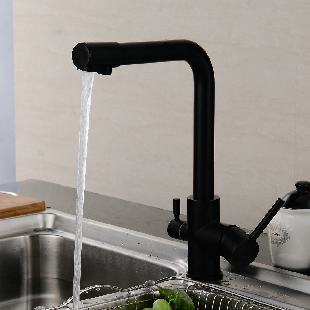 Beelee Black Brass Kitchen Water Filter Faucet 3 Three Way Tap With Dual Handle