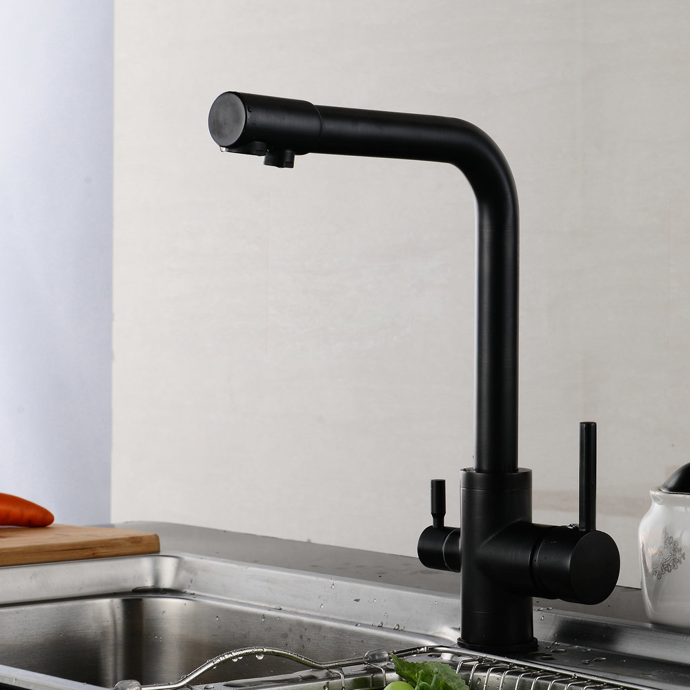 Beelee Black Brass Kitchen Water Filter Faucet 3 Three Way Tap With Dual Handle