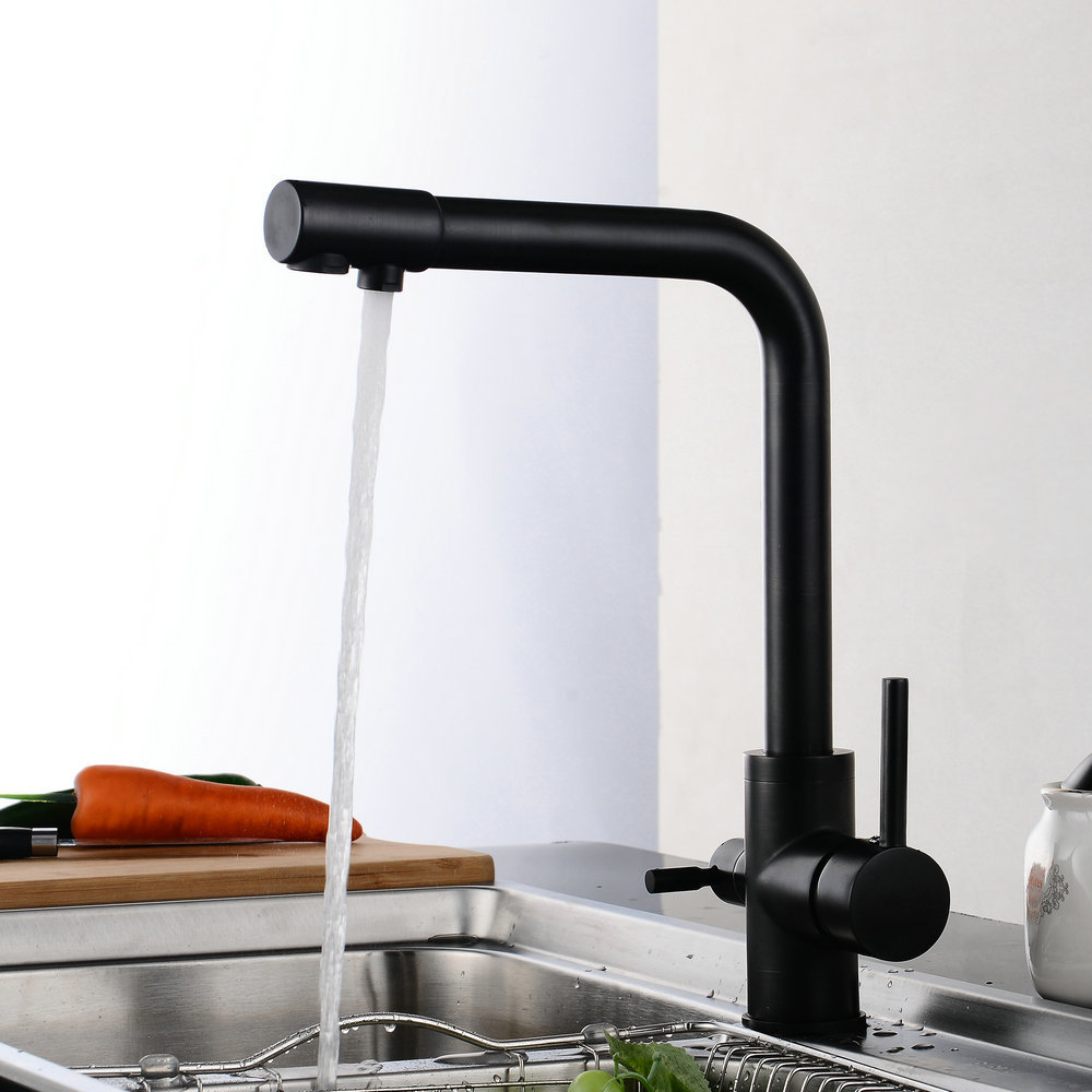 Beelee Black Brass Kitchen Water Filter Faucet 3 Three Way Tap With Dual Handle