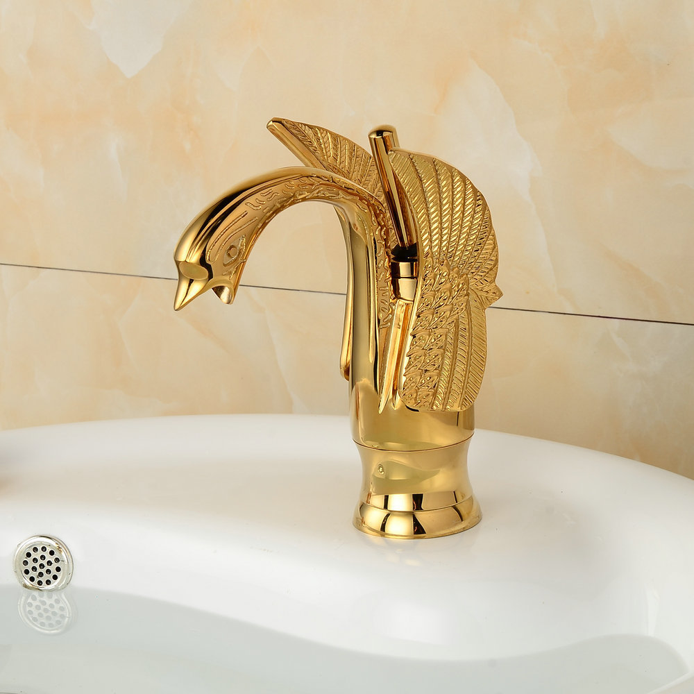 Beelee Gold Swan Shape Single All Copper Hot and Cold Water Face Retro Water Tap Bathroom Luxury Mixer Wash Brass Basin Faucets