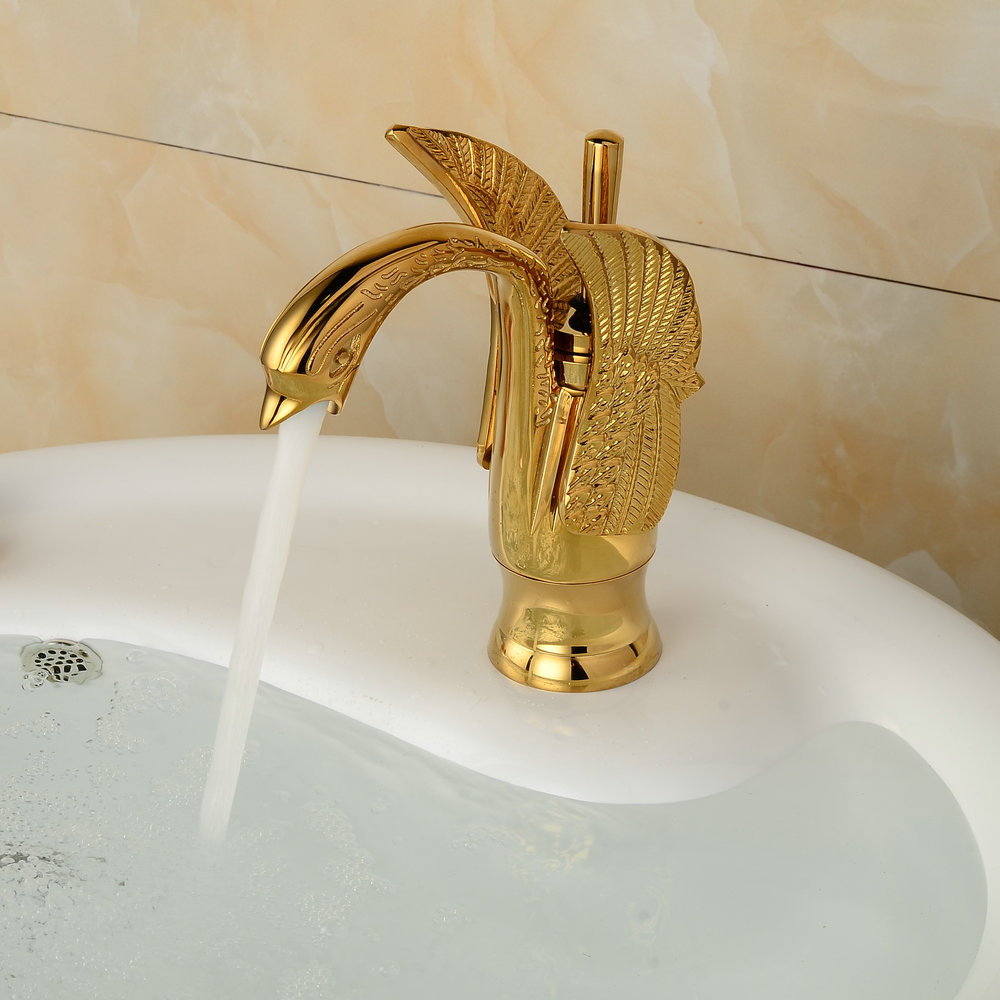 Beelee Gold Swan Shape Single All Copper Hot and Cold Water Face Retro Water Tap Bathroom Luxury Mixer Wash Brass Basin Faucets