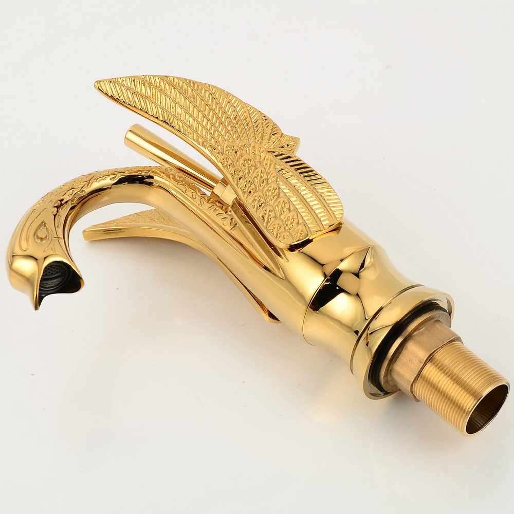 Beelee Gold Swan Shape Single All Copper Hot and Cold Water Face Retro Water Tap Bathroom Luxury Mixer Wash Brass Basin Faucets