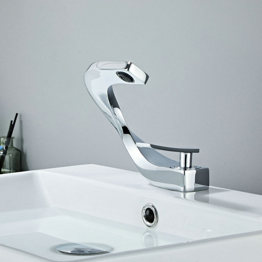 Beelee Waterfall Wide Mouth Copper Single Lever Curving Cold Hot Water Bathroom Faucet