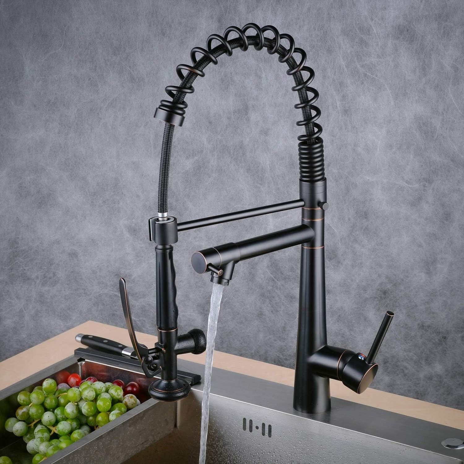 Oil Rubbed Bronze Professional Kitchen Sink Tap, High Arc 360 Swivel Pull Down Spring Spout Mixer Tap Sink Faucet