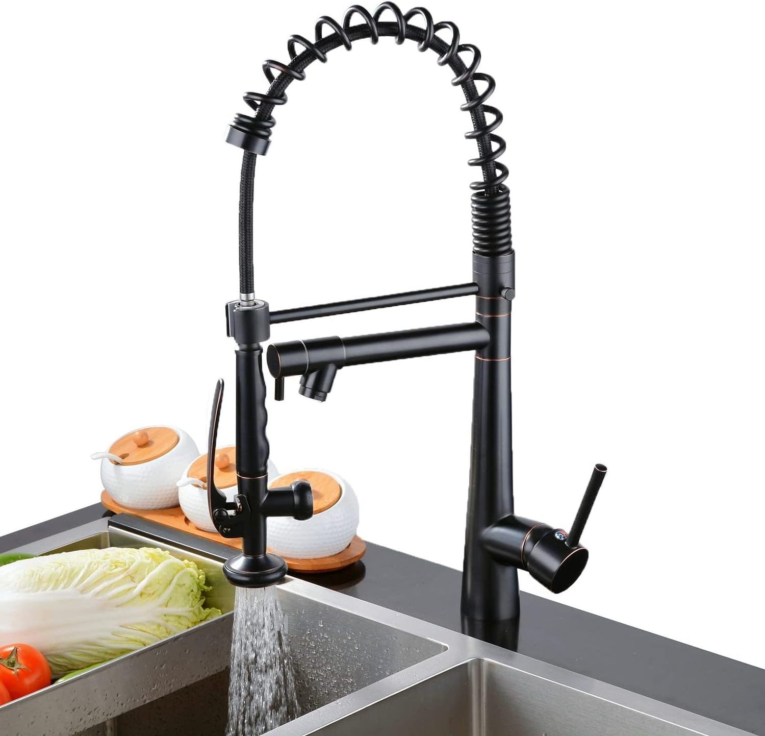 Oil Rubbed Bronze Professional Kitchen Sink Tap, High Arc 360 Swivel Pull Down Spring Spout Mixer Tap Sink Faucet