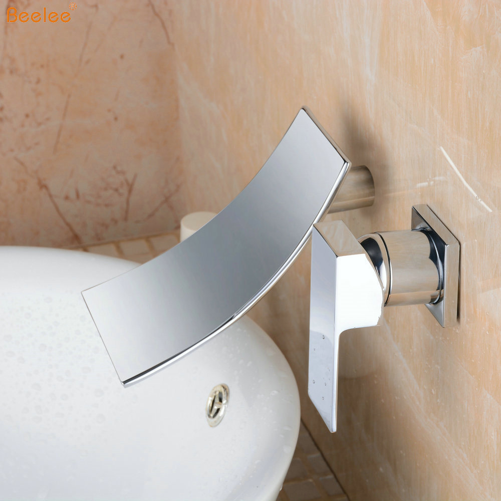 Beelee Wall Mount Contemporary Brass Widespread Waterfall Basin Faucet