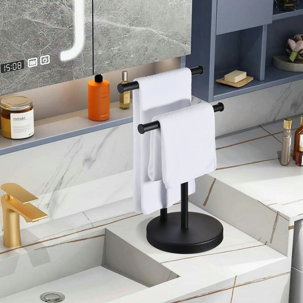 Double T-Shape Hand Towel Holder Stand with Weighted Base, Countertop Towel Holder for Bathroom, Standing Towel Rack