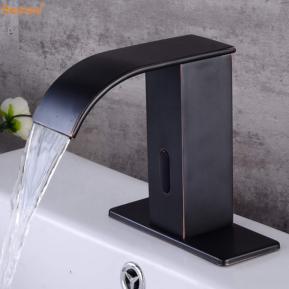 Beelee Oil Rubbed Bronze Auto Electronic Touchless Sensor Waterfall Bathroom Sink Vessel Faucet With Hole Cover Deck Plate