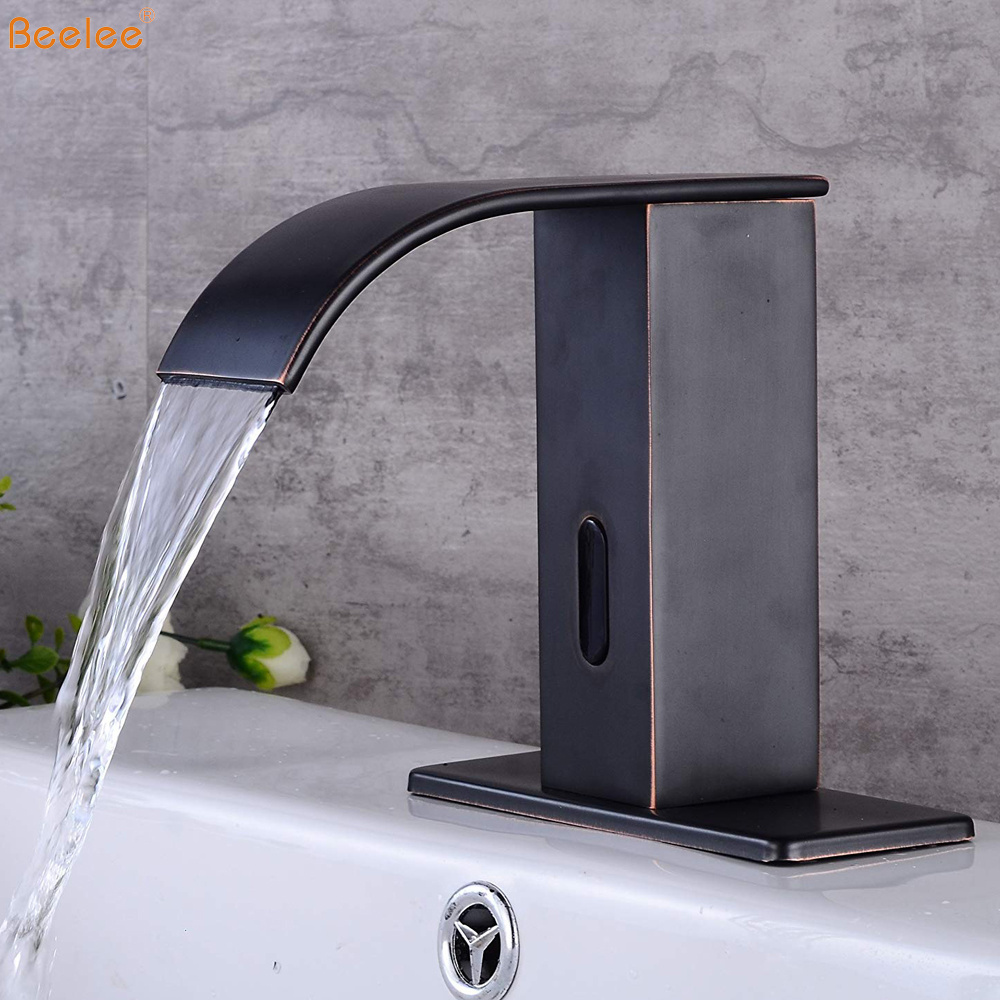 Beelee Oil Rubbed Bronze Auto Electronic Touchless Sensor Waterfall Bathroom Sink Vessel Faucet With Hole Cover Deck Plate