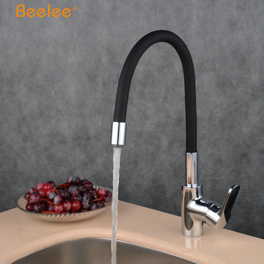 Beelee 360 Degree Swivel Kitchen Sink Faucet With Black Flexible Tube