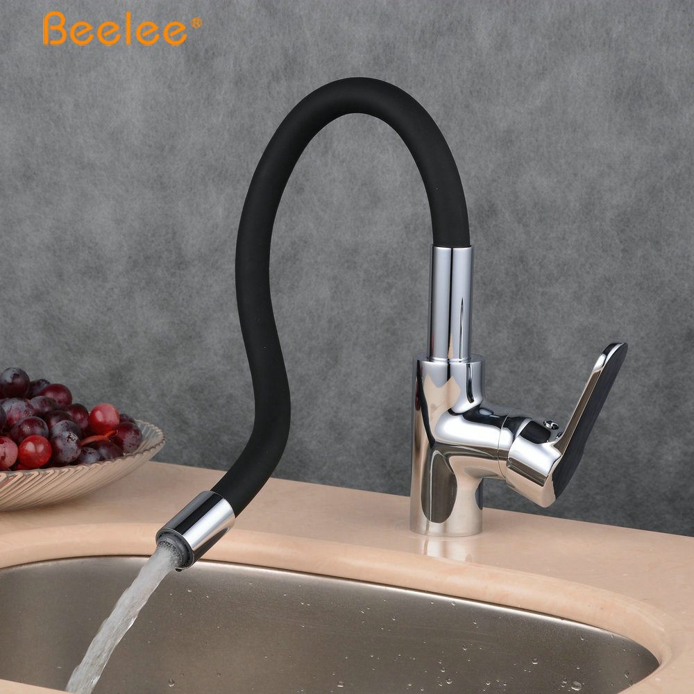 Beelee 360 Degree Swivel Kitchen Sink Faucet With Black Flexible Tube