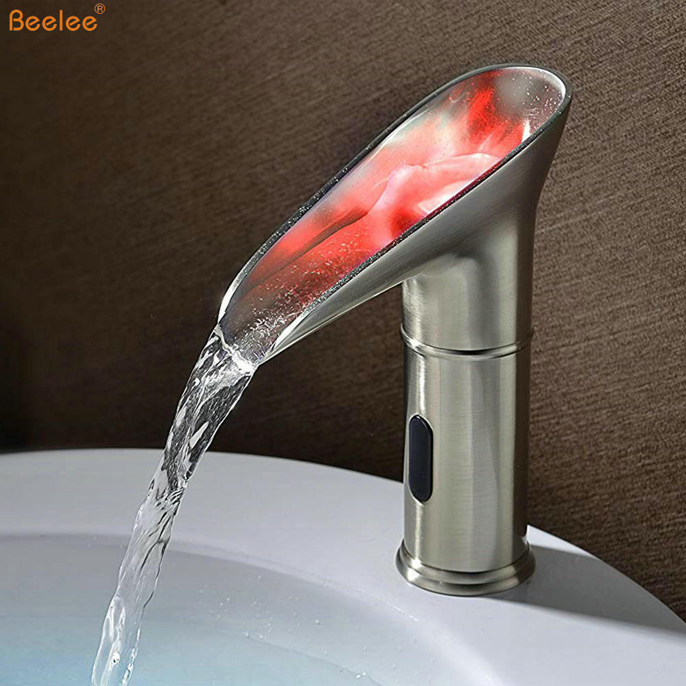 Beelee BL0164NF LED Automatic Touchless Sensor Waterfall Basin Mixer Tap Bathroom Sink Vessel Hot and Cold Faucet