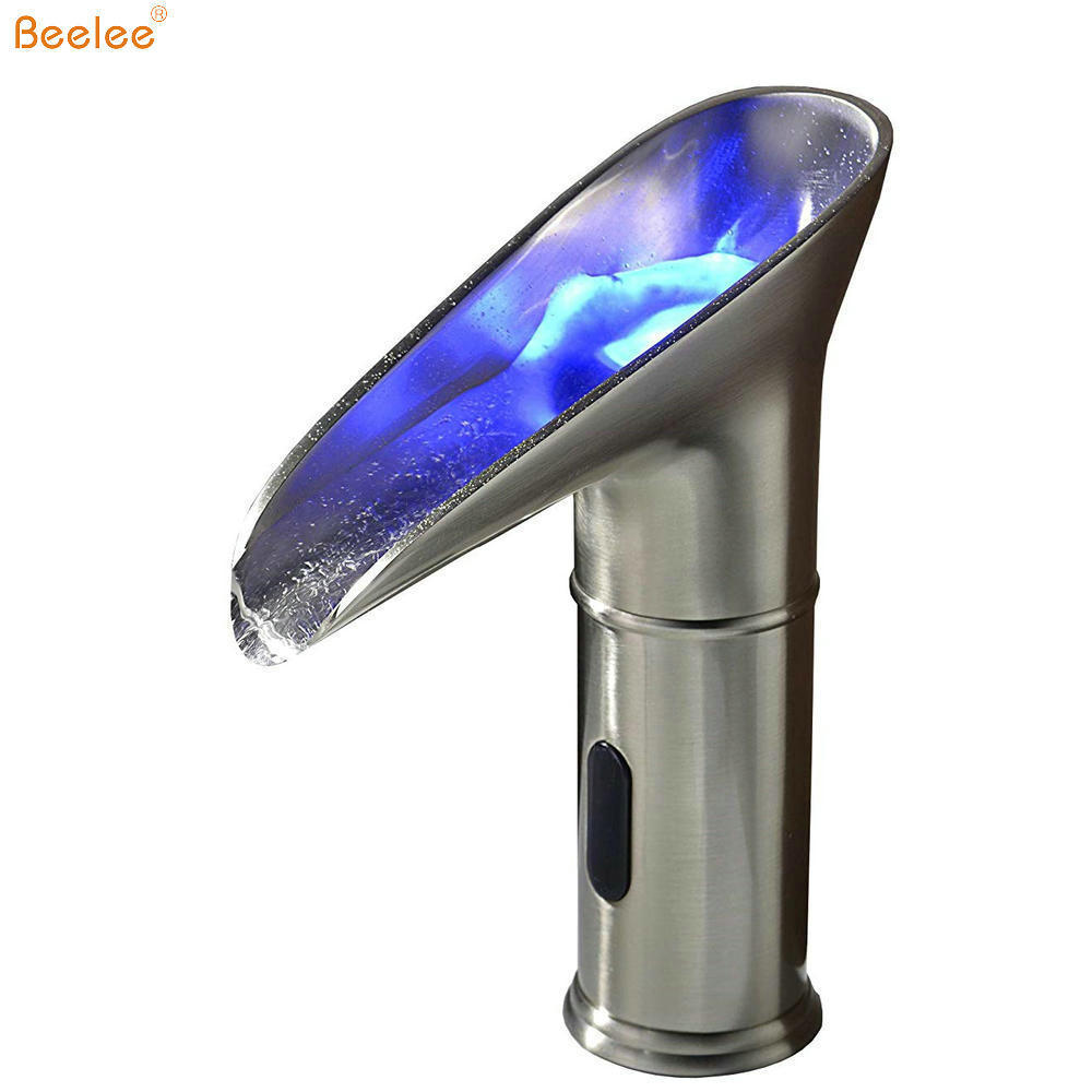 Beelee BL0164NF LED Automatic Touchless Sensor Waterfall Basin Mixer Tap Bathroom Sink Vessel Hot and Cold Faucet